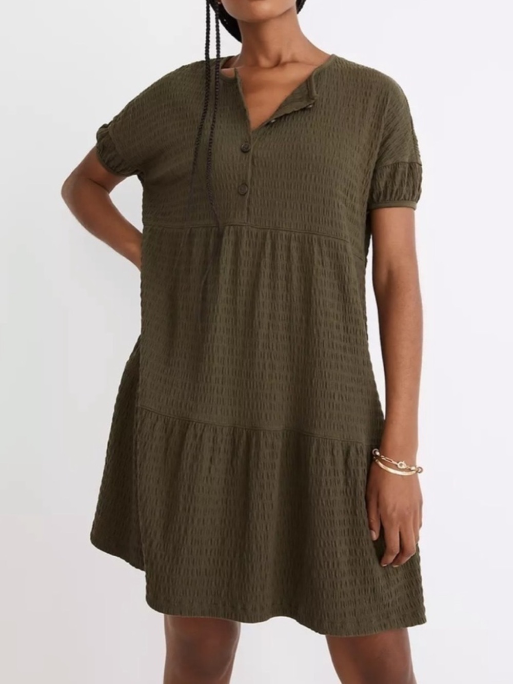 Madewell Resourced Crinkle Knit Tiered Mini Dress Olive Green Women’s Size Large